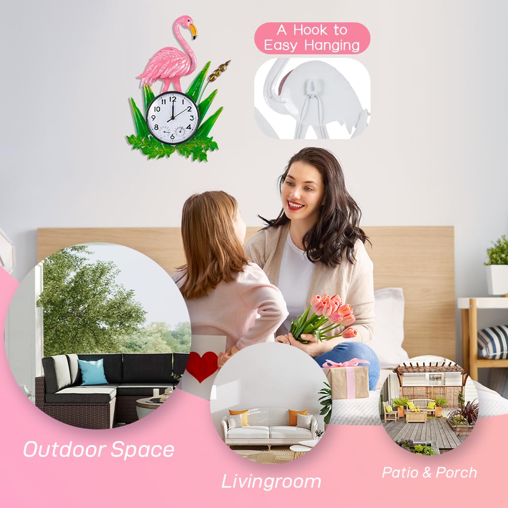 Reloj de pared silencioso con diseño de flamenco para exteriores, con termómetro y humedad, de cuarzo, impermeable, decoración para patio, jardín, sala de estar (rosa)