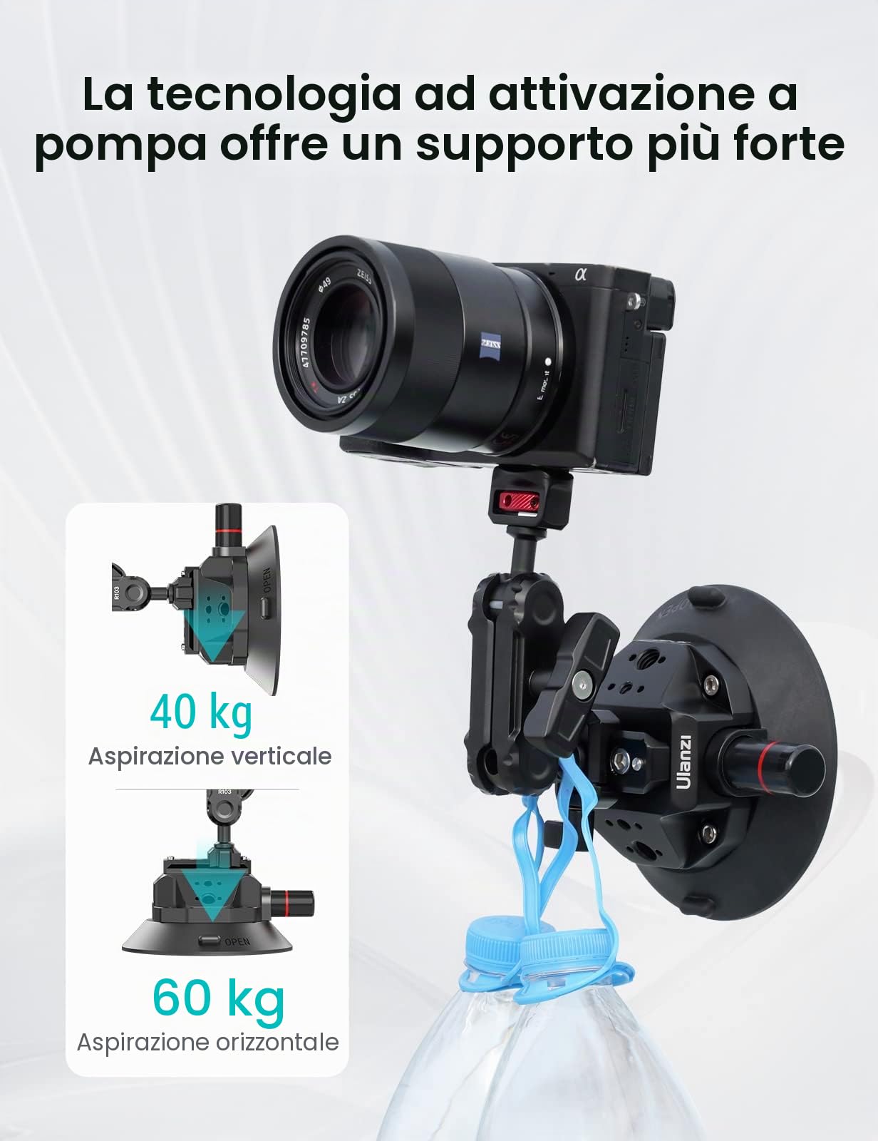 ULANZI SC-02 4,5" Supporto a ventosa per GoPro, supporto a ventosa con pompa e braccio magico NOTA a sgancio rapido, supporto da auto per Insta360, DJI Osmo Action