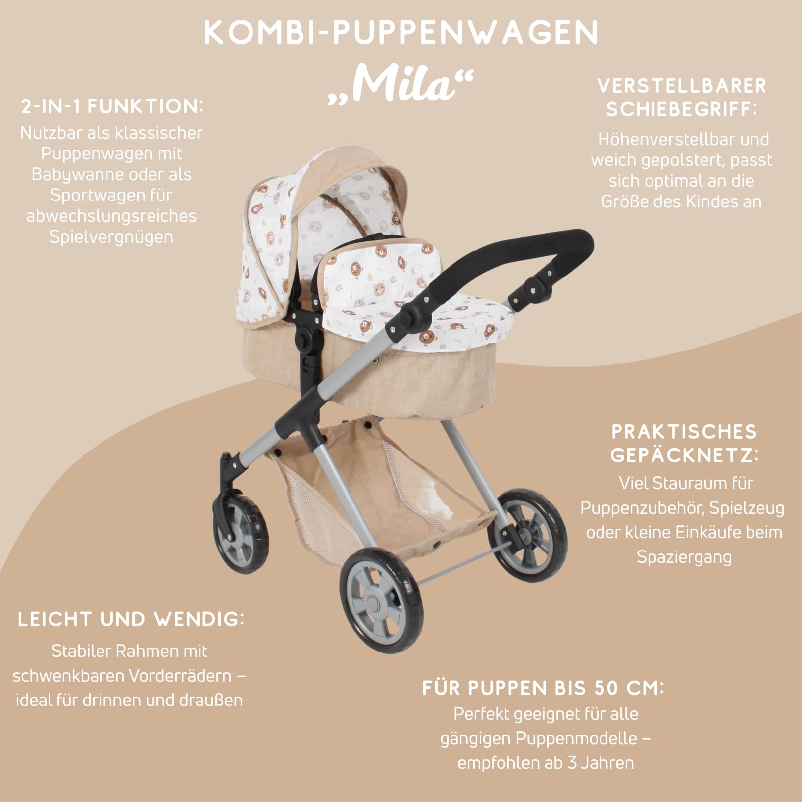 Bayer Chic 2000® 2 w 1 wózek dla lalek Mila – misie beżowe – uchwyt z regulacją wysokości 39-72 cm – nowoczesny stelaż – lalki do 50 cm – 3-7 J.
