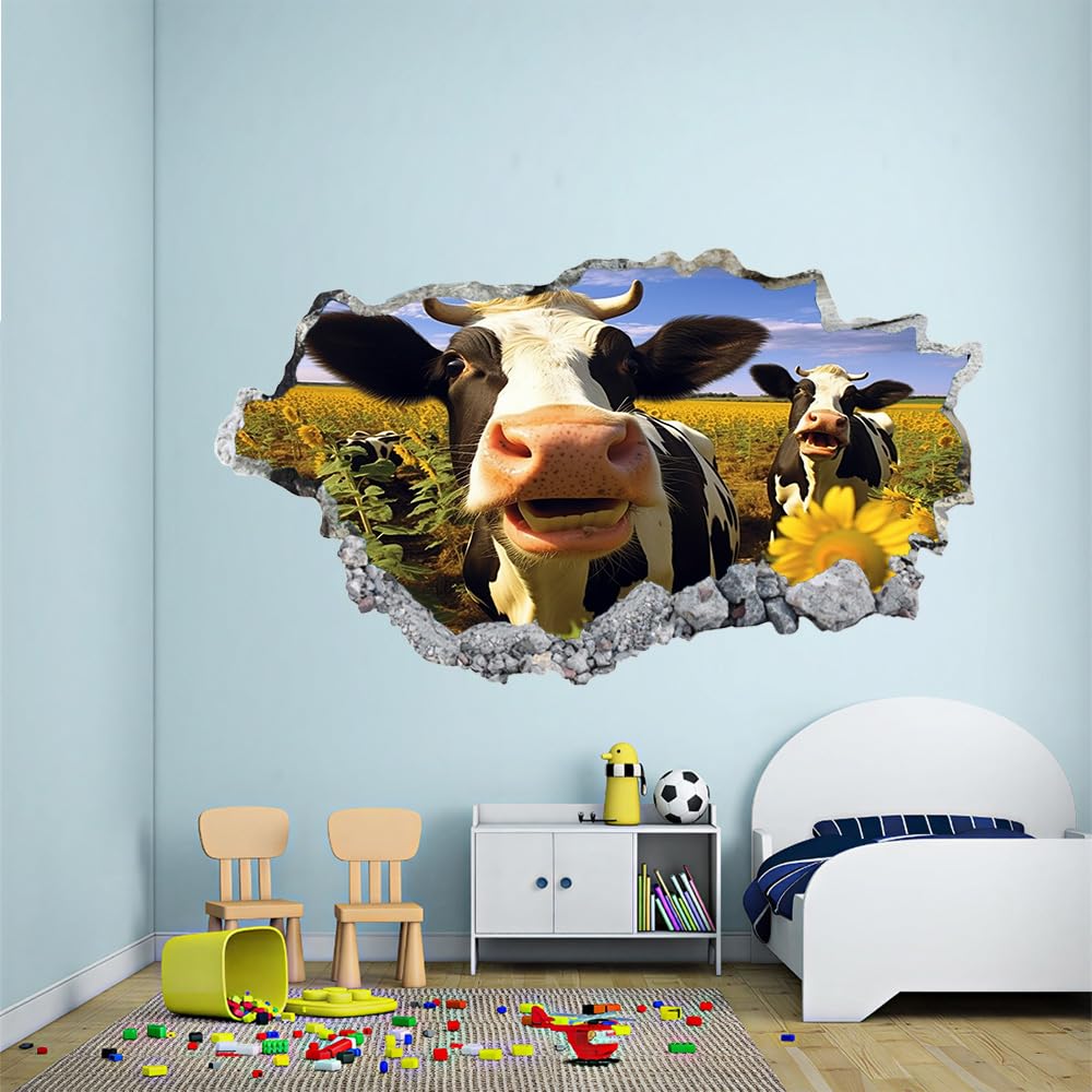 3D Wandtattoo Wanddurchbruch, Vieh Durchbruch Wandaufkleber für Kinderzimmer, sticker für Wohnzimmer, Sonnenblumenfeld Wandsticker, Wandbild Junge Mädchen Schlafzimmer