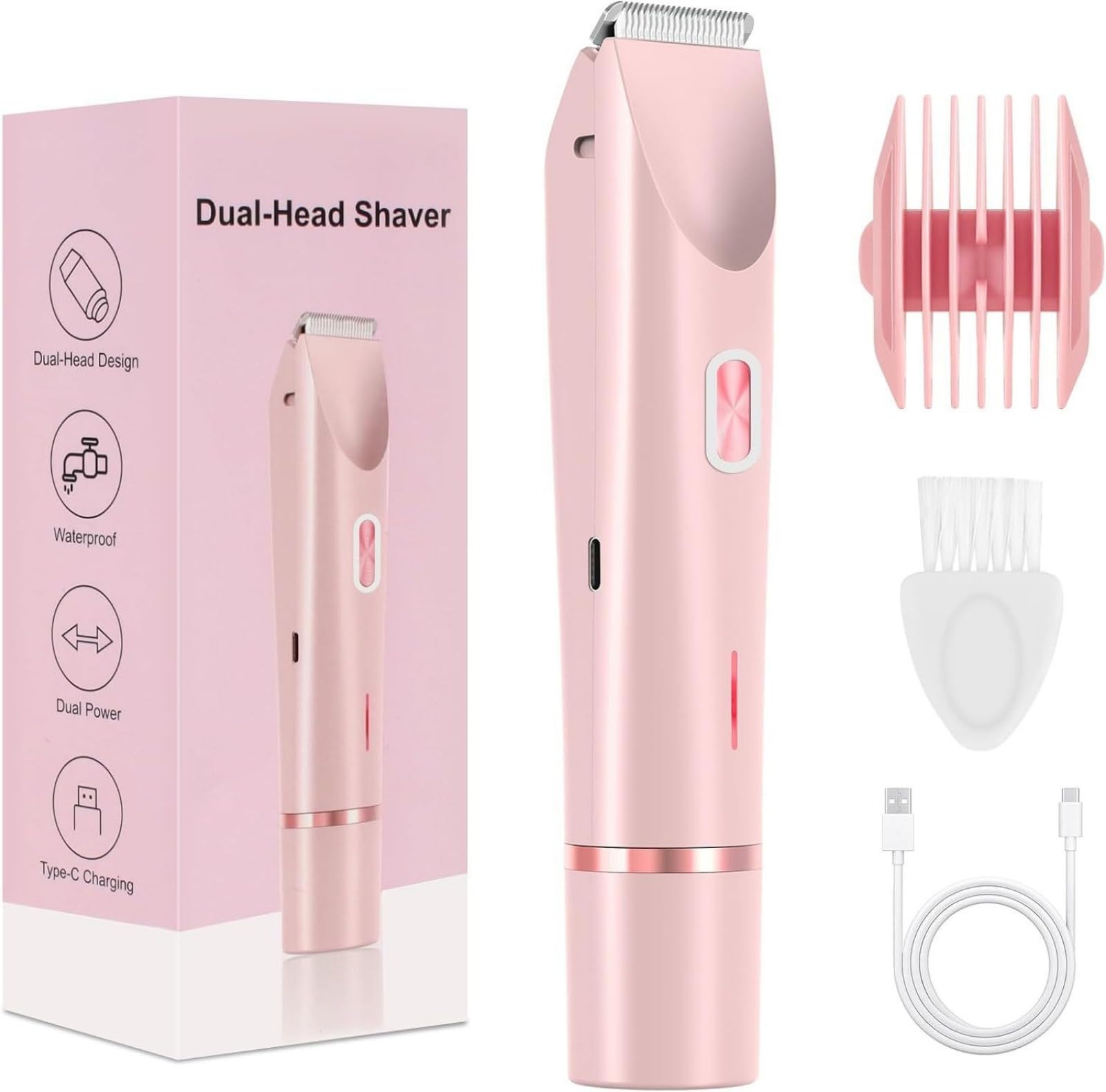 Bikini Trimmer for Women – Waterproof Electric Razor with Stainless Steel Blades, Rechargeable Battery, Pubic Hair Shaver for Women, Facial &amp; Body Hair Remover, Pink