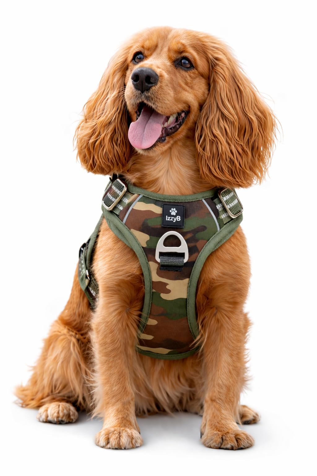 IzzyB No-Pull Dog Harness, Adjustable, Padded Chest and Back Panel, Reflective Stitching, Strong Metal D-Ring (Green Camouflage, Large)