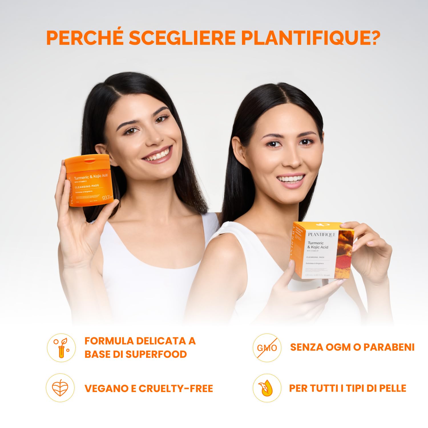 PLANTIFIQUE Dischetti Detergenti al Curcuma e Acido Kojico con Ceramidi, Niacinamide e Vitamina C – 60 Dischetti Esfolianti Viso per Macchie Scure e Iperpigmentazione – Skincare Kit Viso