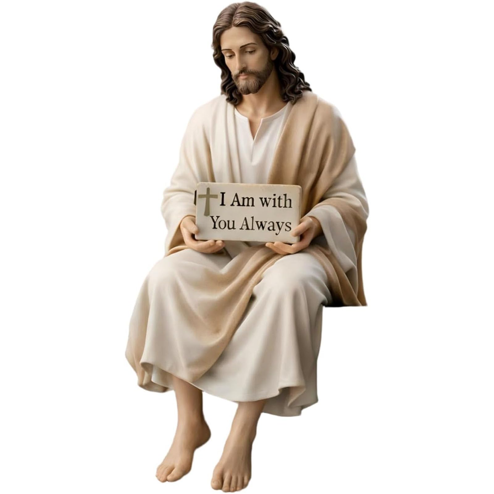Kieyiqe 1Pc Jesus Resin Desk Companion Figurine, Handmade Sitting Design Jesus Christ Statue, ''I Am With You Always'' Sign Statue Decor, Handmade Sitting Religious Decorative (1Pc)
