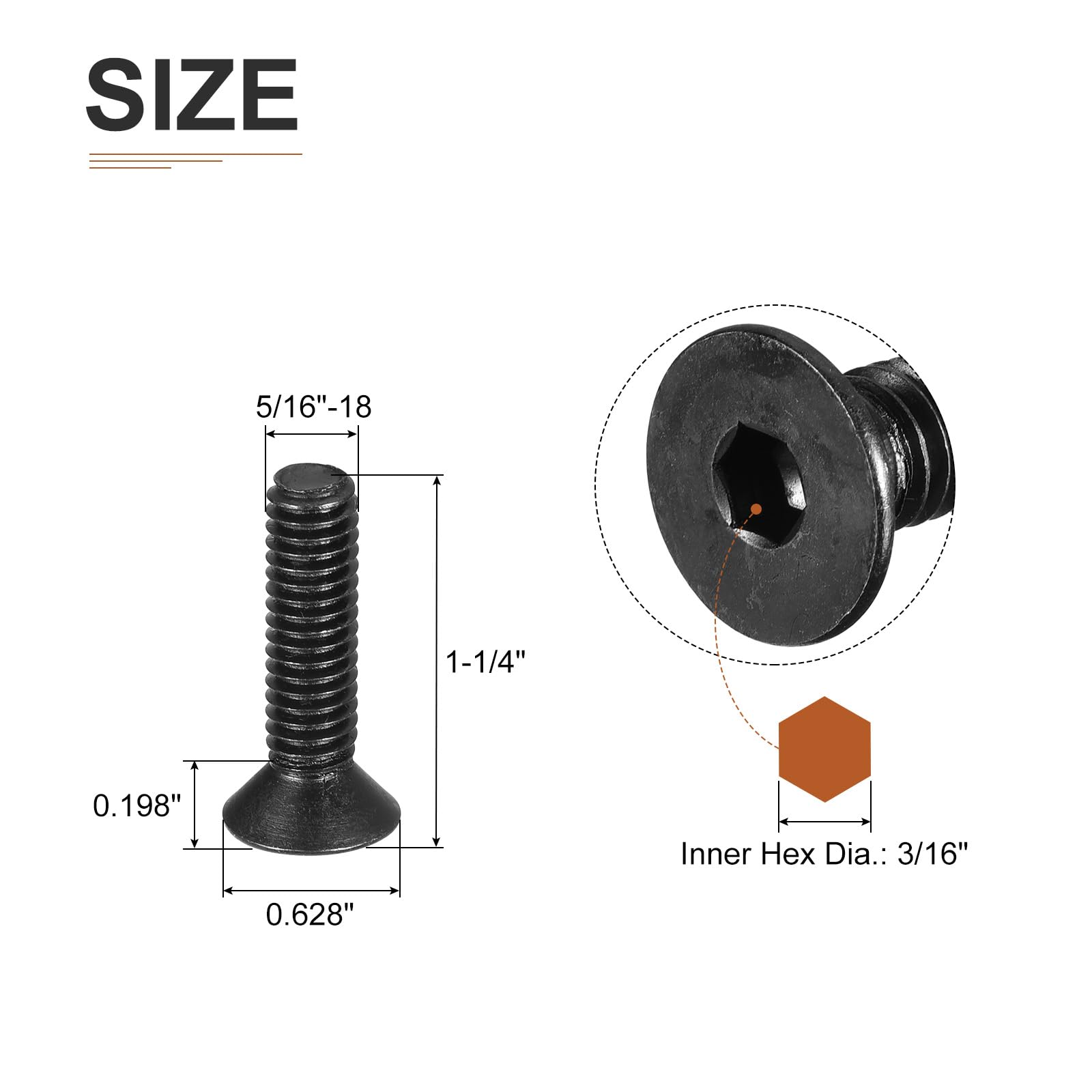 DTGN 5/16-18x1-1/4" Flat Head Socket Cap Screws, 10 Pack Hex Socket Flat Head Screws Carbon Steel Black Oxide, Full Thread - Image 2