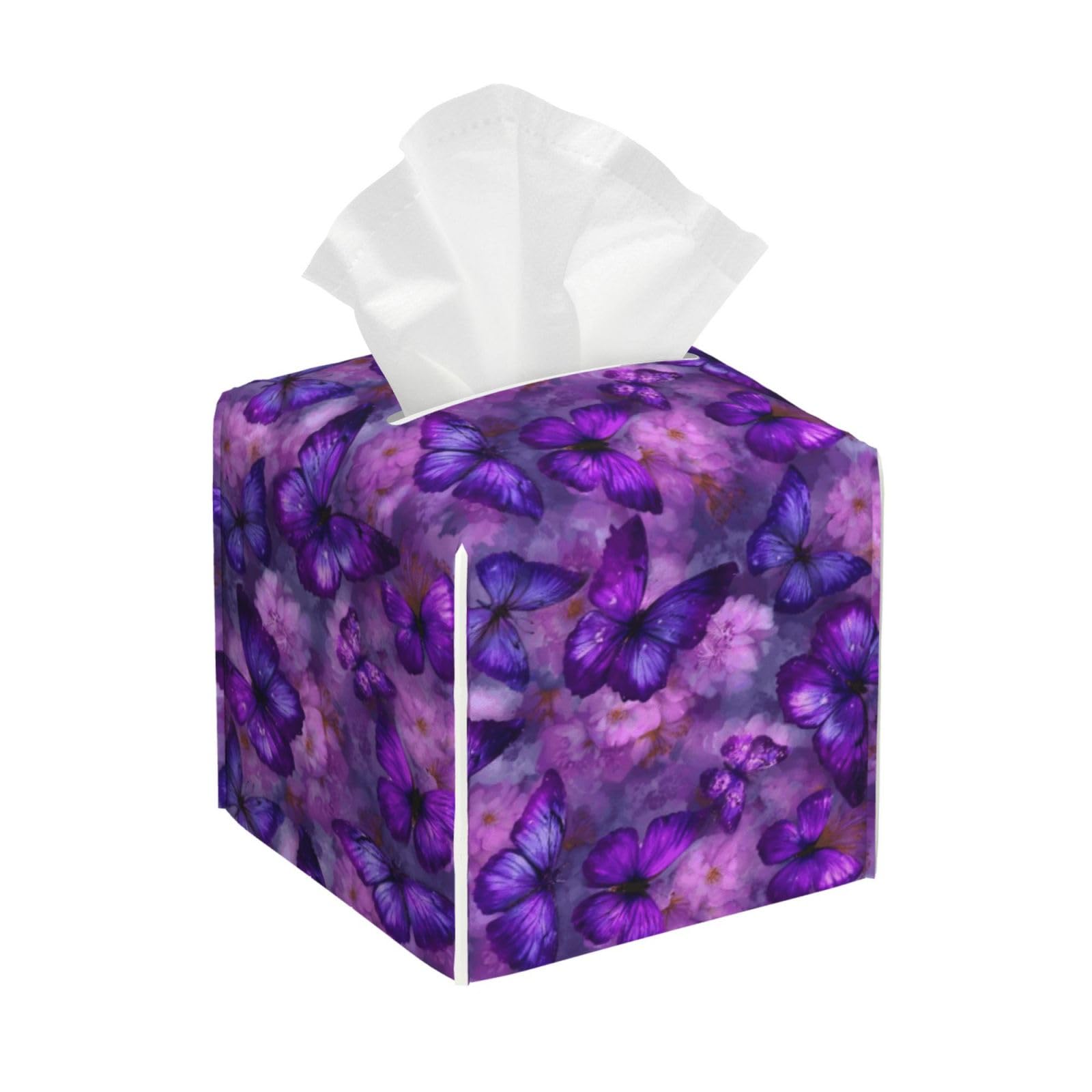 Romantic Butterfly Floral Print Tissue Box Cover Holder Square, Foldable Modern Cube Tissue Box Cover, Leather Decorative Organizer for Tabletop Bathroom Car Office Desk Decor