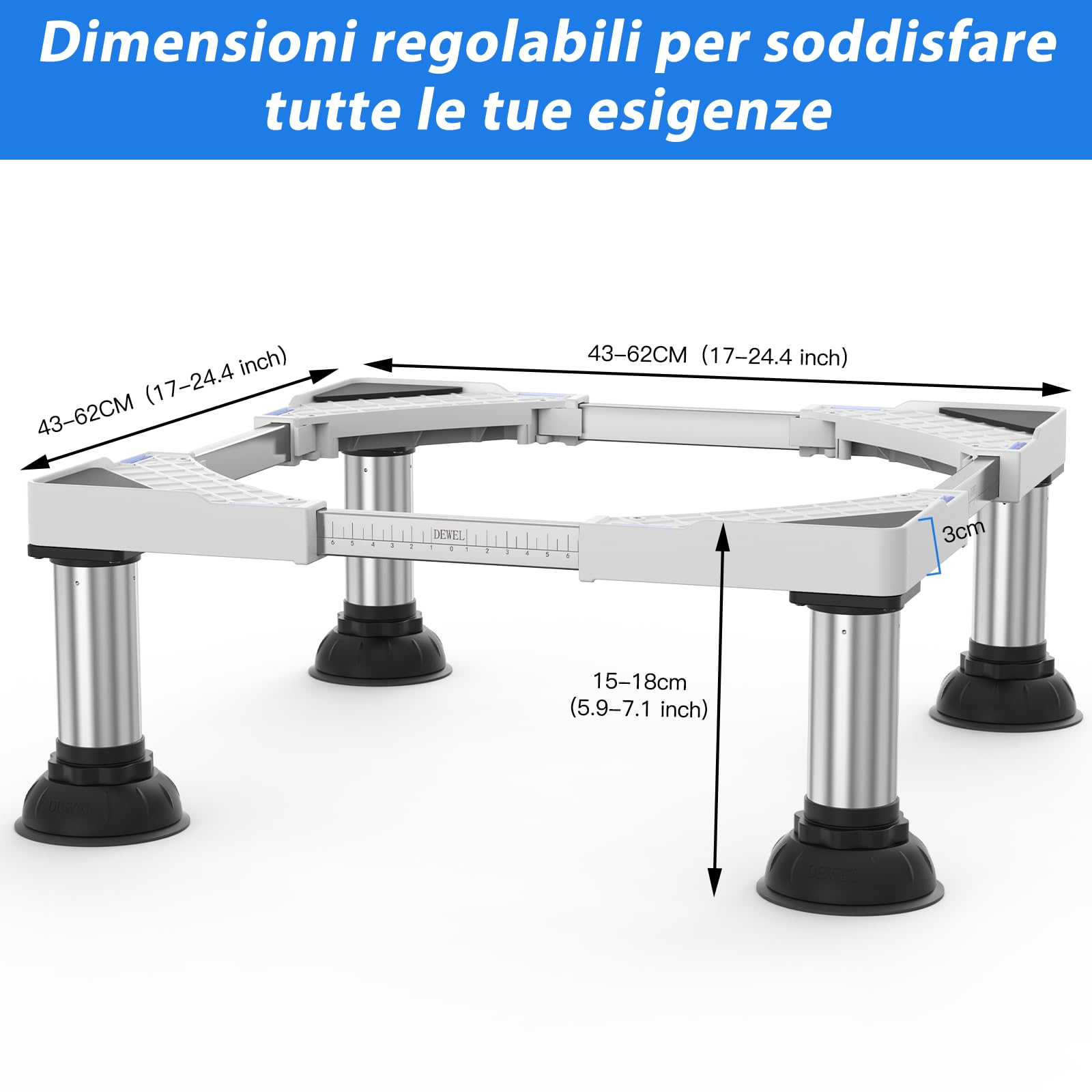 DEWEL Base per lavatrice regolabile, Telaio base per lavatrice per frigorifero, asciugatrice e congelatore, Carico massimo 300 kg, Regolabile 43-62 cm, 15-18 cm, Bianco | Base regolabile per lavatrice per asciugatrice e congelatore, carico 300 kg, larghez