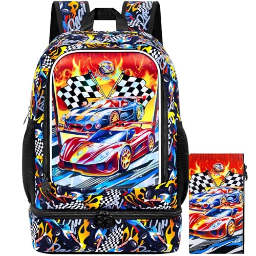 Image of HPJGD 2-in-1 Backpack for Boys, 17 inch Race Car Preschool Bookbag Set with Built-in Lunch Compartment, Kids Water-Resistant School Bag for Elementary - Thrill Racing