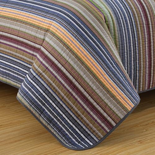 Image of Chezmoi Collection Avery Striped Cotton Quilt Set Queen Size, 3-Piece Soft Pre-Washed 100% Cotton Quilt, Multi-Color Green