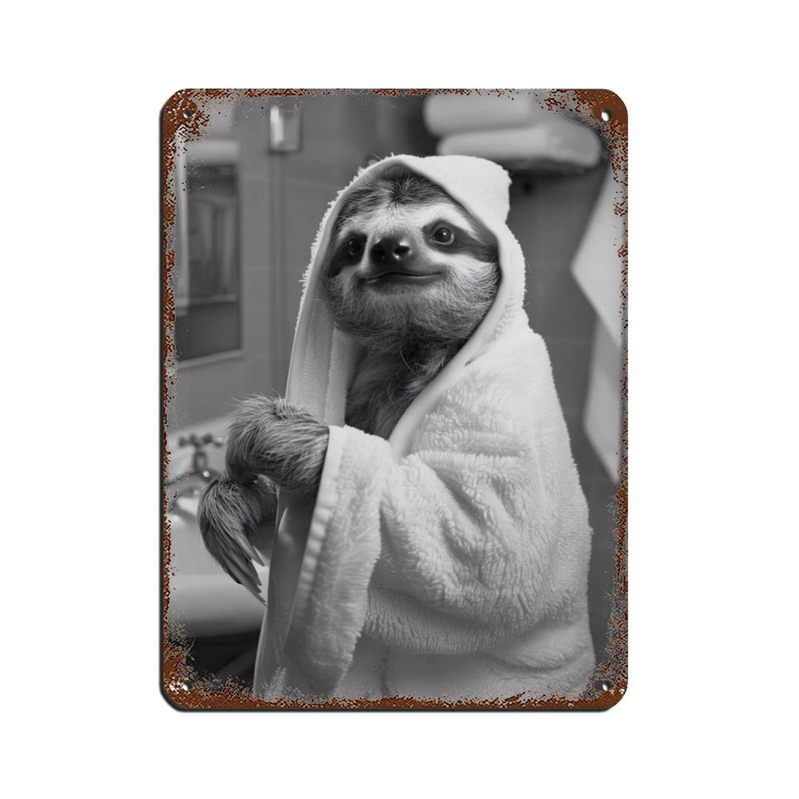 Lxwnze 30L X 40W Cm Sloth In A Bathrobe, Quirky Animal Art Retro Poster Metal Tin Sign Chic Art Retro Iron Painting Bar People Cave Cafe Family Garage Poster Wall Decoration 12X16inch(30X40cm)
