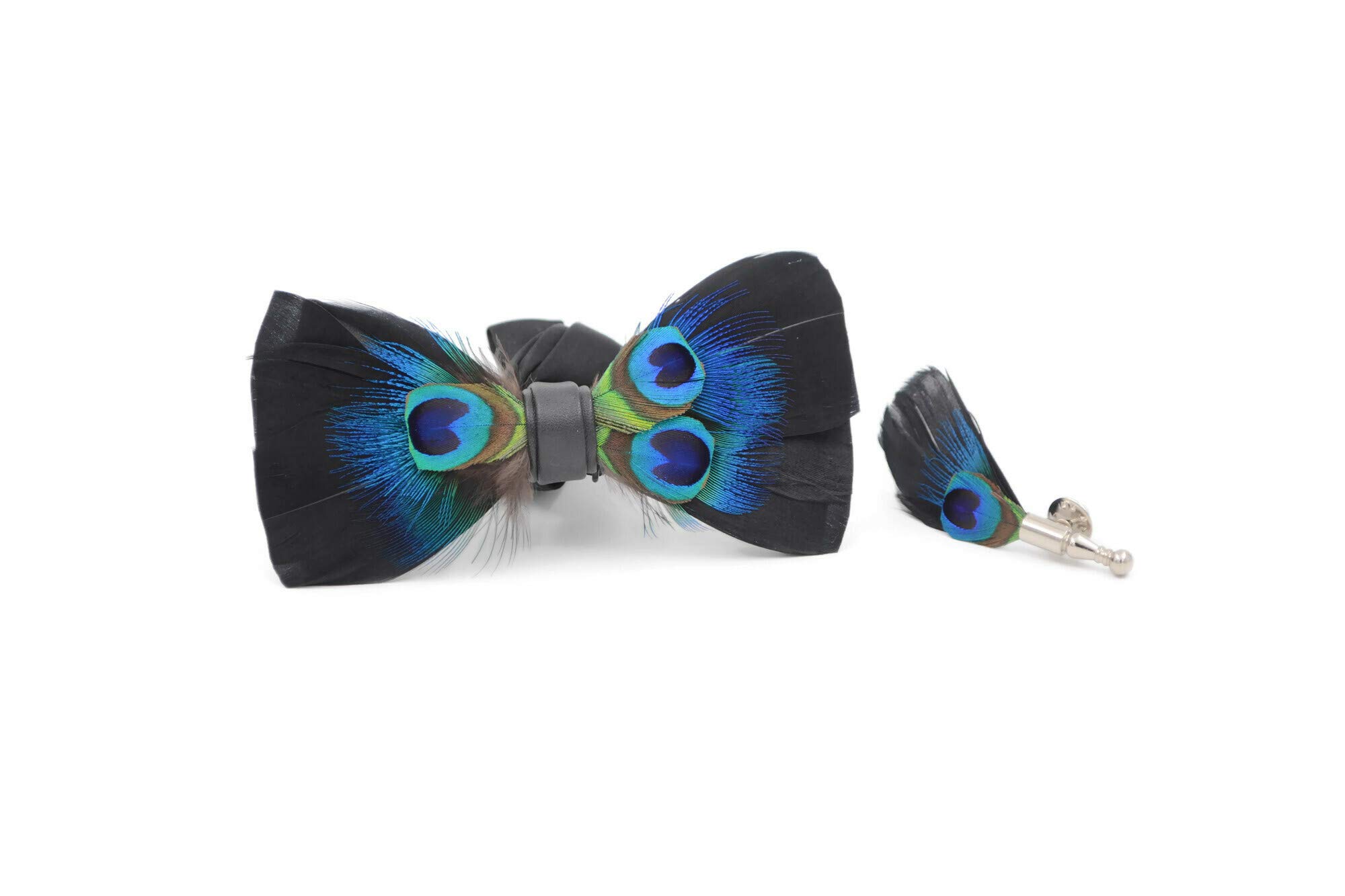 Mandujour Handcrafted Peacock Feather Bow Tie & Lapel Pin Set - Elegant Midnight Black Accessory for Men