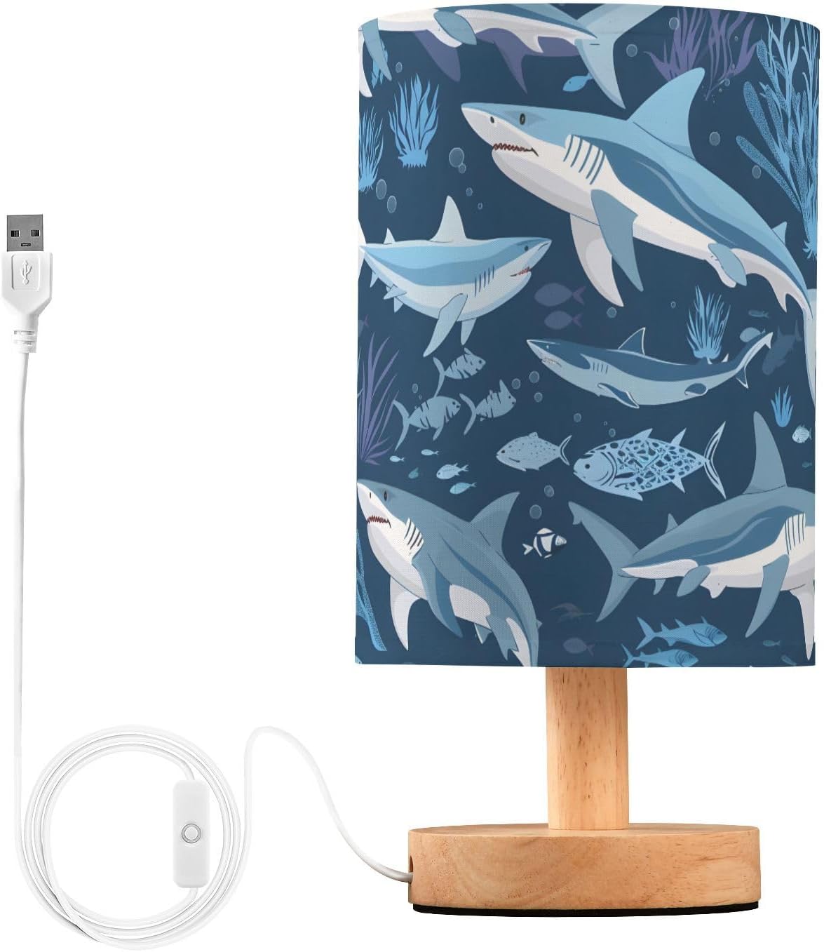 ALAZA Sharks Blue Ocean Lamp for Girls Boys Bedroom Bedside Table Lamp with USB Port LED Kids Nightstand Lamp Wood Base Desk Living Room Decor