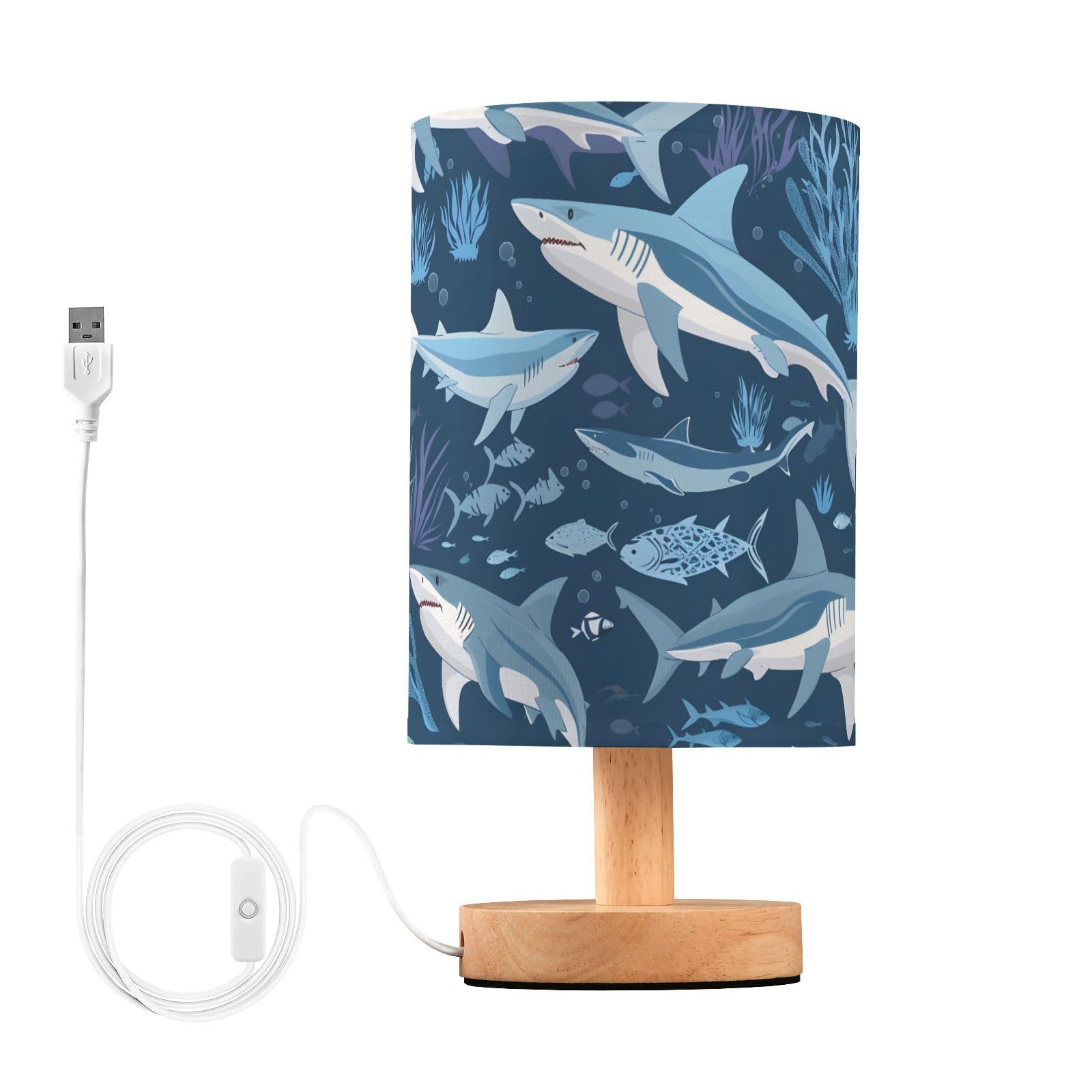 ALAZA Sharks - Lámpara de océano azul para niñas y niños, lámpara de mesita de noche con puerto USB, lámpara LED para mesita de noche para niños, base de madera, decoración de escritorio y sala de