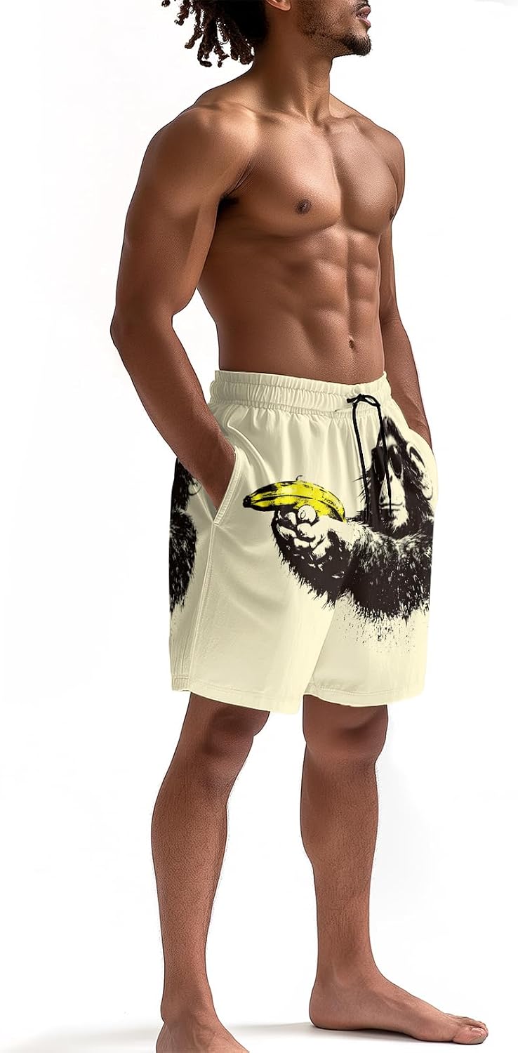 Men's Funny Cat Riding Unicorn with Gun Swim Trunks Boardshort Beach Shorts