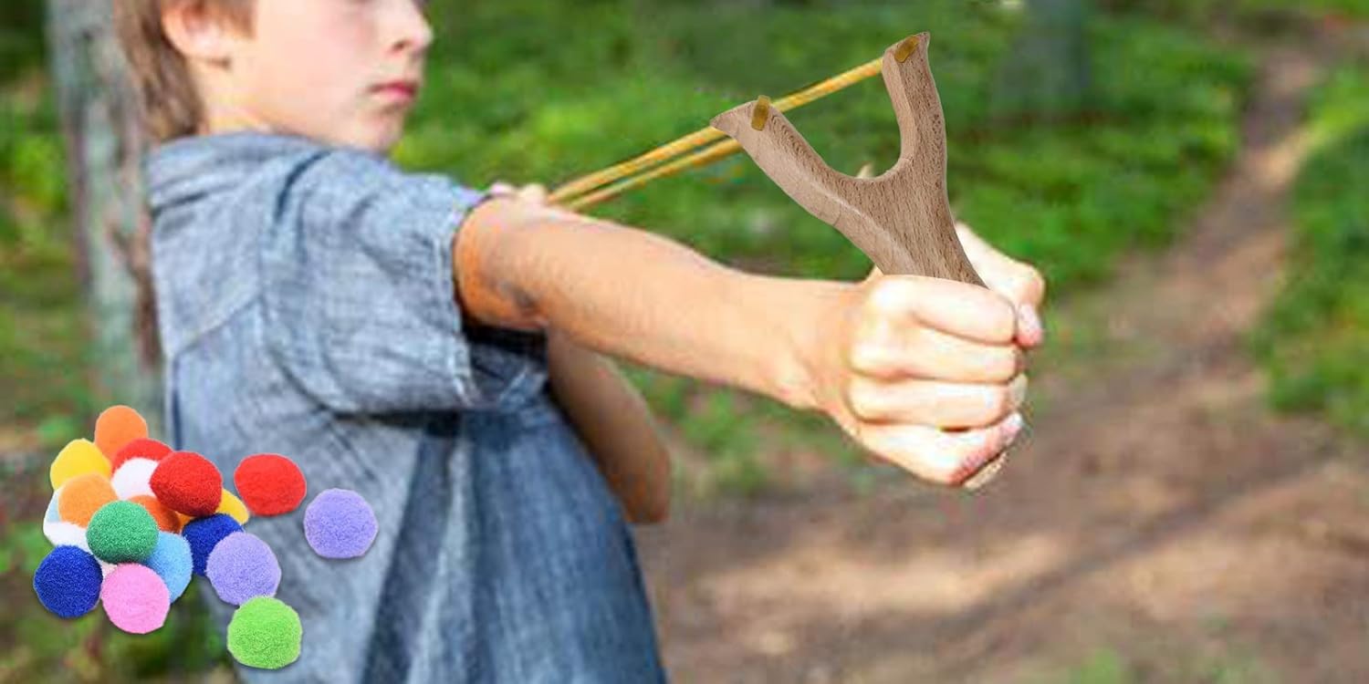 Brown Color Wooden Hunting Slingshot with Cotton Ammo for Catapult Game,Hunting-for Kids Children Adults