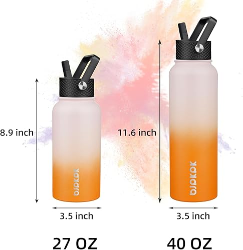 Miniatura 4 de BJPKPK - Botellas de agua aisladas con tapa de popote, botella de agua de acero inoxidable de 27 onzas con 3 tapas, termo de metal libre de BPA a