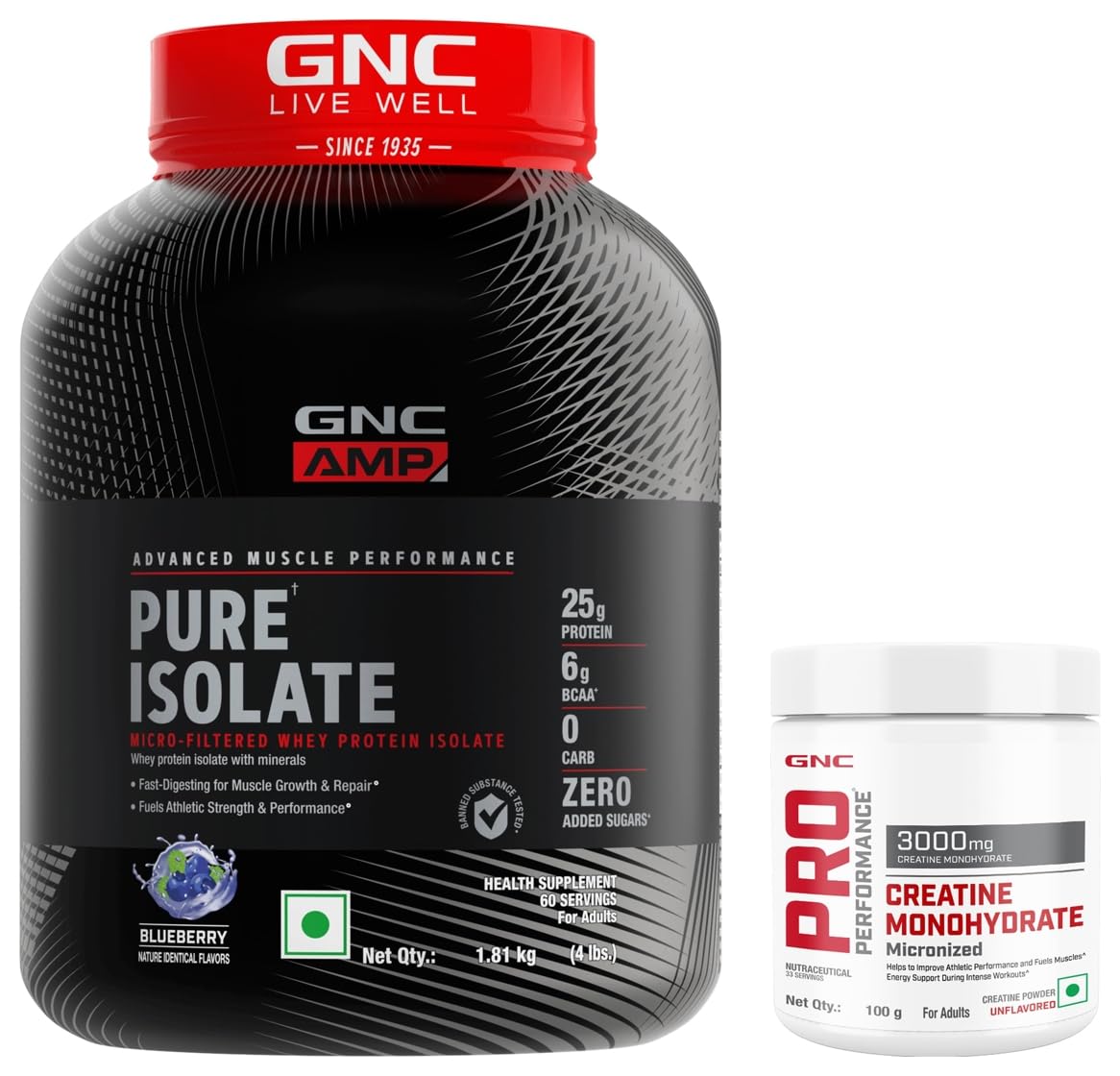 GNC AMP Pure Isolate | Informed Choice Certified | Blueberry | 4 lbs + GNC Pro Performance Pure Micronized Creatine Monohydrate | 100 gm (33 Servings) Combo Pack-picture-18