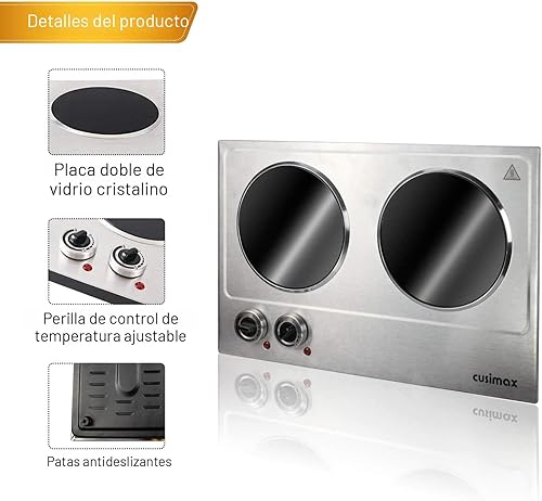 Miniatura 2 de CUSIMAX Placa eléctrica de cerámica de 1800 W para cocinar, placa infrarroja de doble control, doble quemador, quemador portátil, placa de vidrio