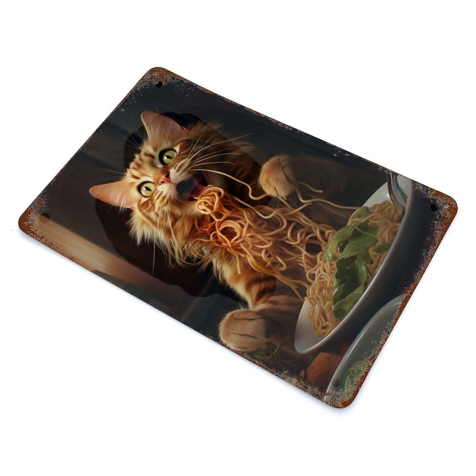 Distressed Metal Wall Sign Cat Eating Spaghetti 11.8"x7.9", Vintage Wall Decor for Cafe, Home Bar And Lounge Decor