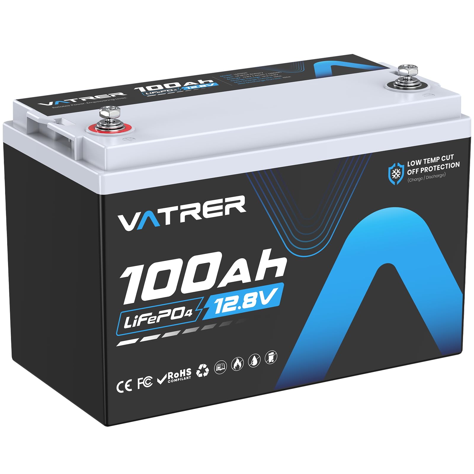 12V 100Ah LiFePO4 Akku mit Niedrigtemperatur-Abschaltung & 100A BMS, 5000+ Zyklen, 1280W für Wohnmobil, Camping, Boot & Solar-Heimanlagen