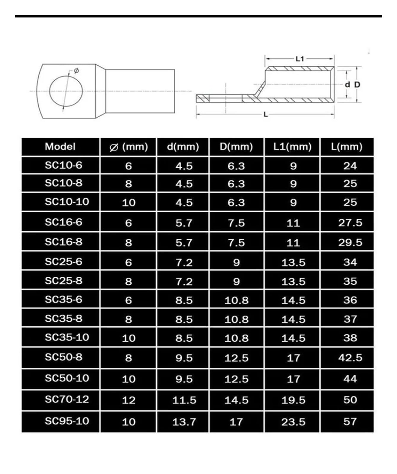 Kit de connecteurs de câbles électriques à sertir, 5 cosses en cuivre étamé SC2.5-SC95(SC95-12)