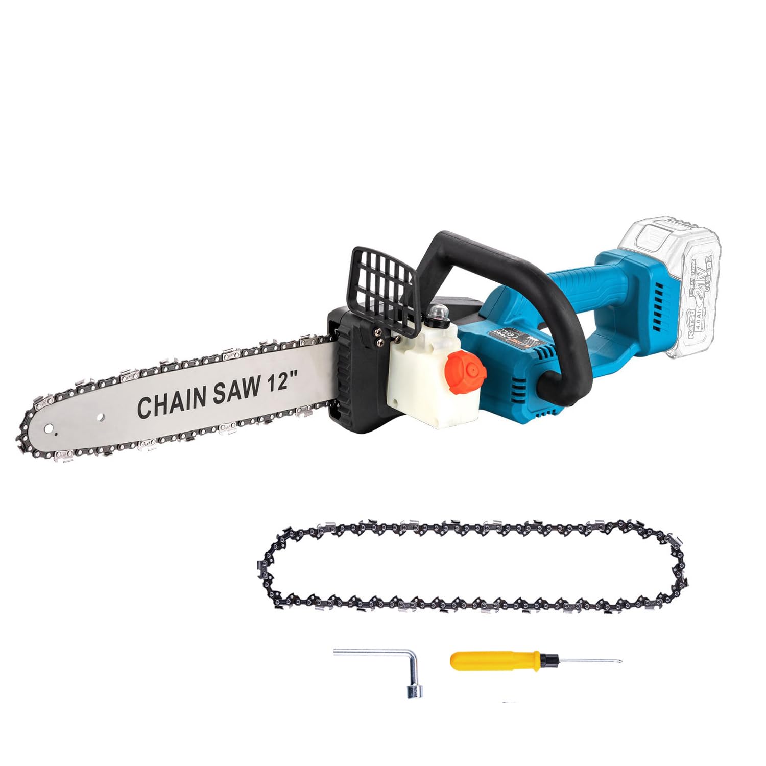 KATSU FIT-BAT 21V Cordless Electric Chainsaw 12-Inch Guide Bar with 2 x Blade Chains, Manual Oil Pump for Garden Trees Wood Cutting, Batteries and Charger Not Included 102738