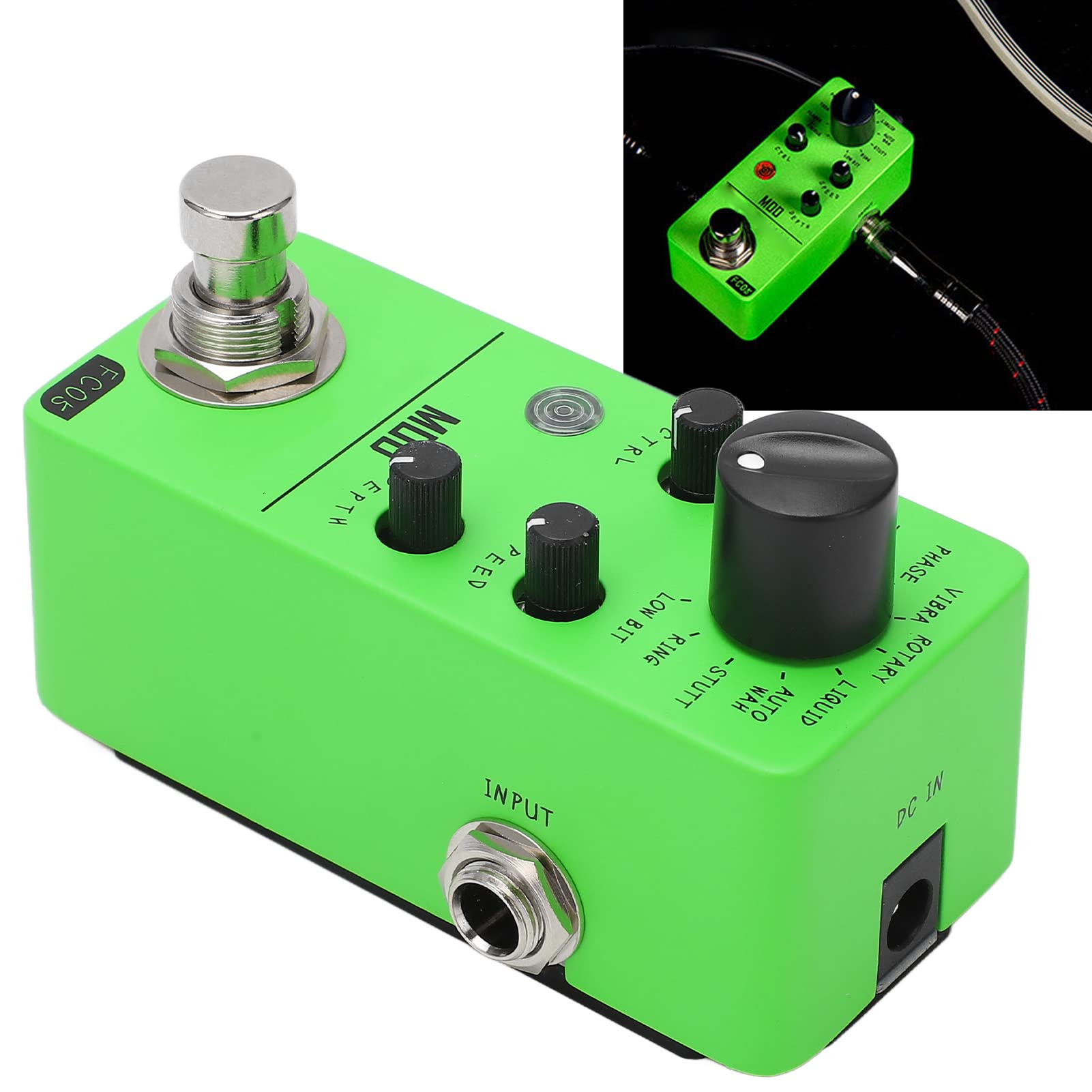 Pedal de Efecto de Guitarra eléctrica Mini Pedal de modulación Efectos clásicos Interfaz de Audio Mono de 1/4 pulg. Verde