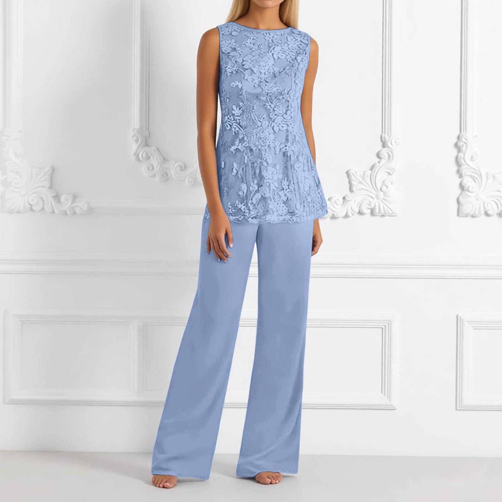 Generico Completo Tre Pezzi Donna Taglie Forti Pantaloni Lunghi In Pizzo E Seta Fiorata Maniche Lunghe Per Invitati Di Matrimonio Ed Eventi