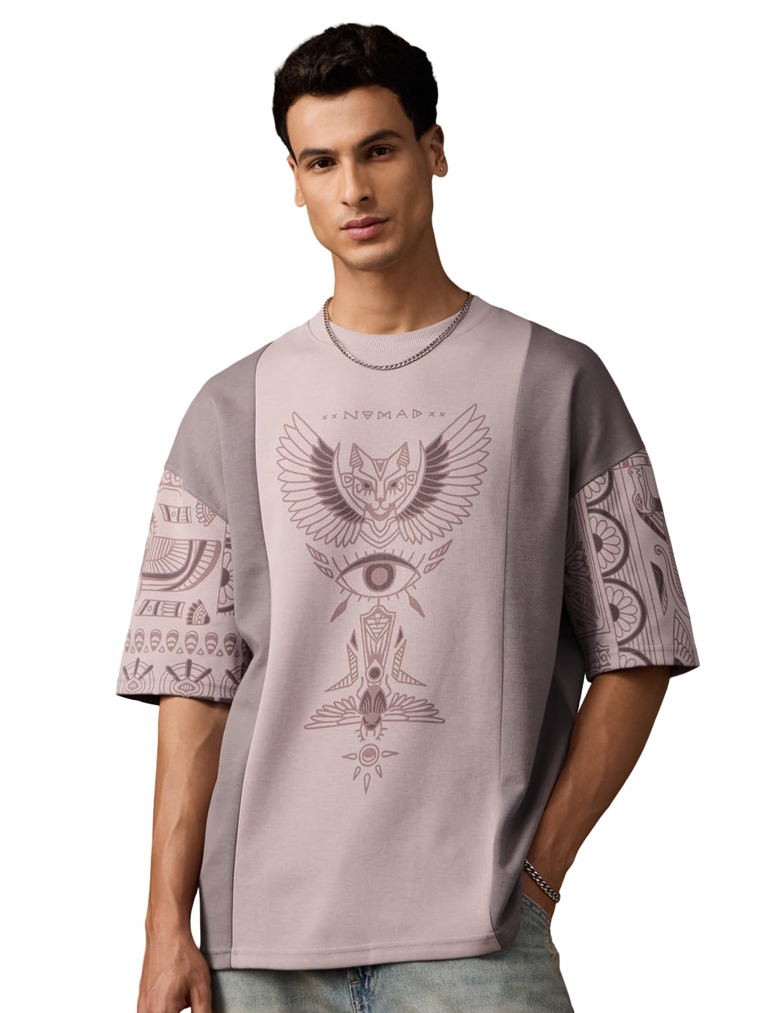 the souled store Nomad: Tell Me Men and Boys Short Sleeves Round Neck Mauve Graphic Printed Comfortable Casual Drop Shoulder Streetwear Trendy Super Oversized T-Shirt-picture-14