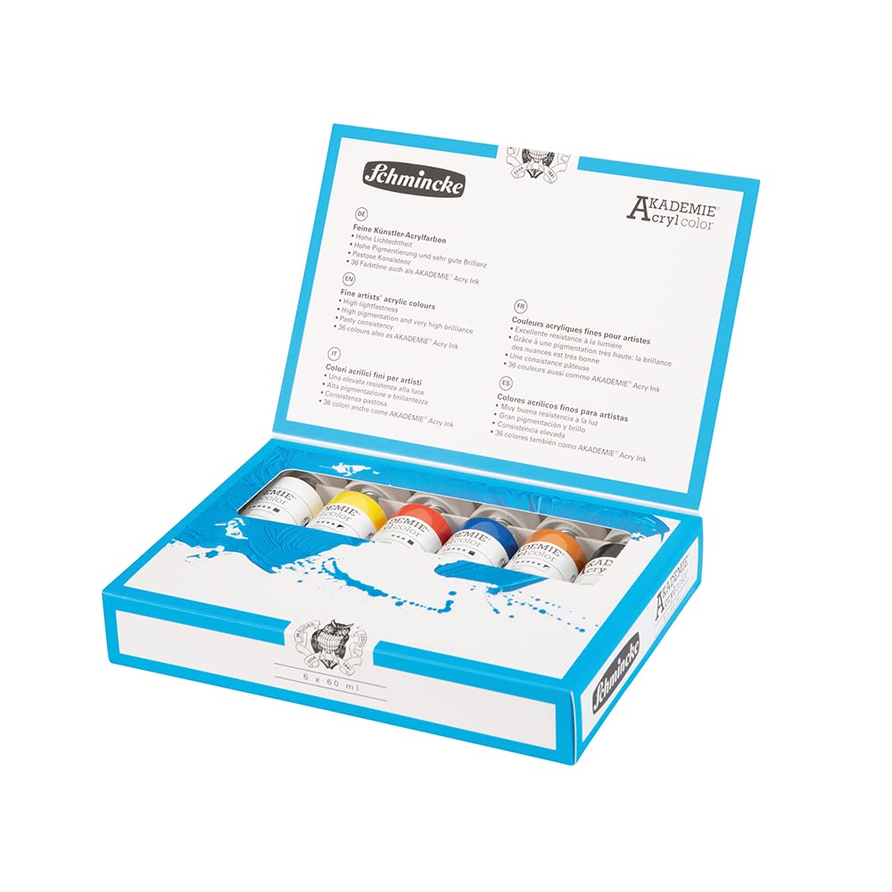 Schmincke - Acrílicos AKADEMIE®, 6 tubos de 60 ml, 76 759 097, estuche básico pequeño, tonos brillantes y muy resistentes a la luz, sin cadmio, acrílicos para artistas finos