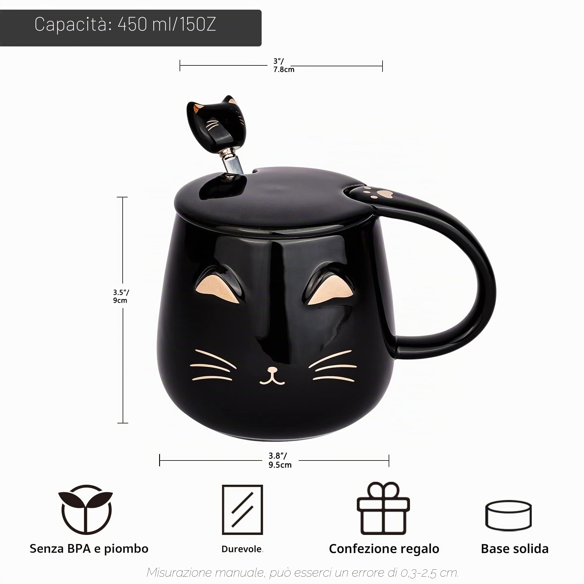 Set di 2 tazze da caffè con gatto gatto con coperchio e adorabile cucchiaino da gattino, set di tazze da tè mattutino, per amanti dei gatti, ragazze, donne, Natale, compleanno, 380 ml, bianco e nero