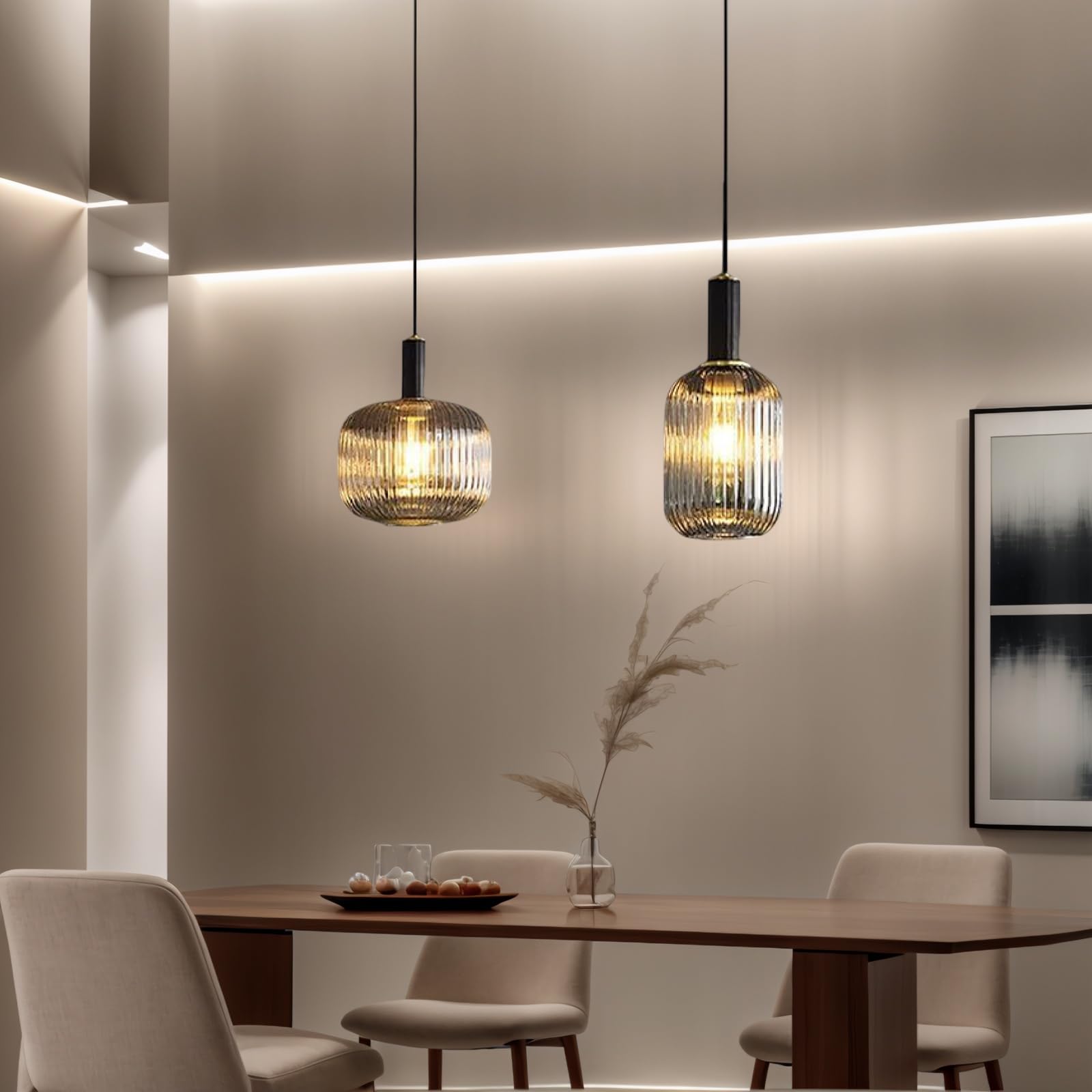 EKSED Lampadario Moderno in Vetro Rigato con Attacco E27, Lampada a Sospensione per Isola Cucina, Sala da Pranzo e Camera da Letto (Ambra, 20cm)
