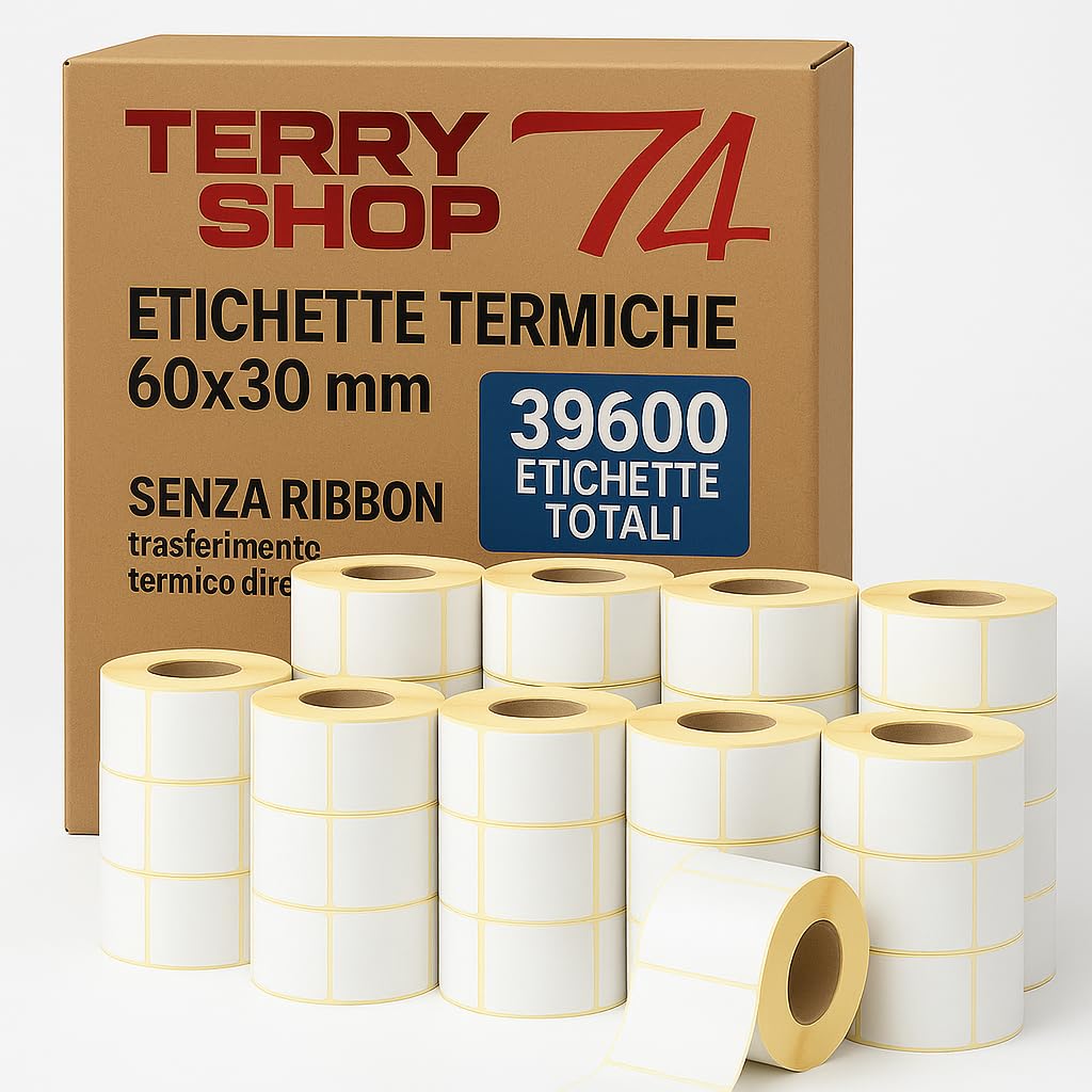 22 Rotoli di Etichette adesive 60x30 Termica senza Ribbon Da 1800 Pezzi Totale etichette 39600 Pezzi