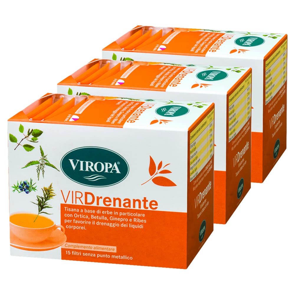 VIROPA VirDrenante - 15 Filtri, Senza Punto Metallico - Tisana A Base Di Erbe, Con Ortica e Ribes, Favorisce Il Drenaggio Dei Liquidi Corporei (3 Confezioni)