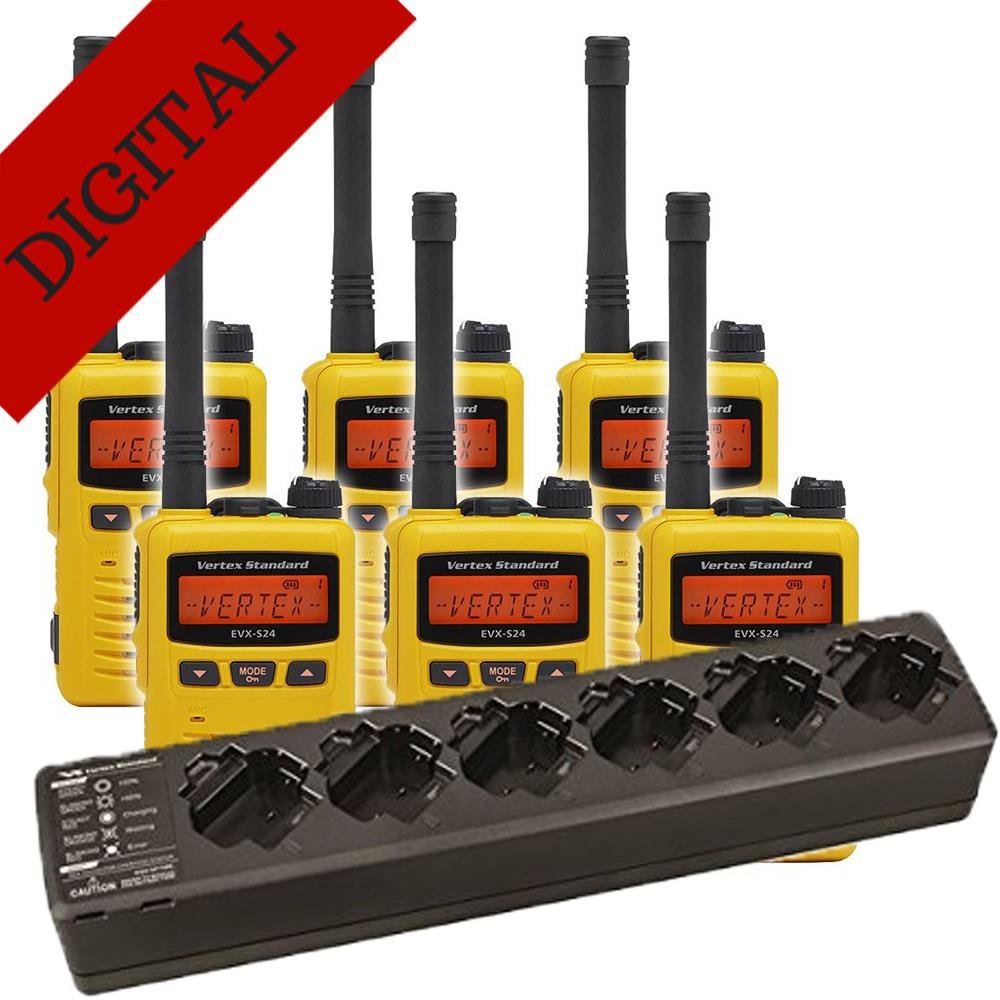 6 Pack of Vertex EVX-S24 UHF Yellow Water Submersible/Dustproof Digital Two Way Radios PREPROGRAMMED with 6 Unit Charger (VAC-6066)