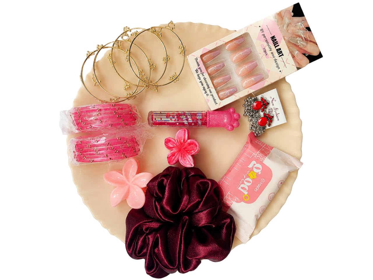 Premium Beauty Gift Hamper for Women & Girls | Gift Set with Kashmiri Bangles, Press-On Nails, Lip Gloss, Satin Scrunchie, Hair Claw Clips, Designer Earrings & Face Wipes | Birthday, Rakhi, Anniversary, Valentine's Day & Festive Gift Box-image-40