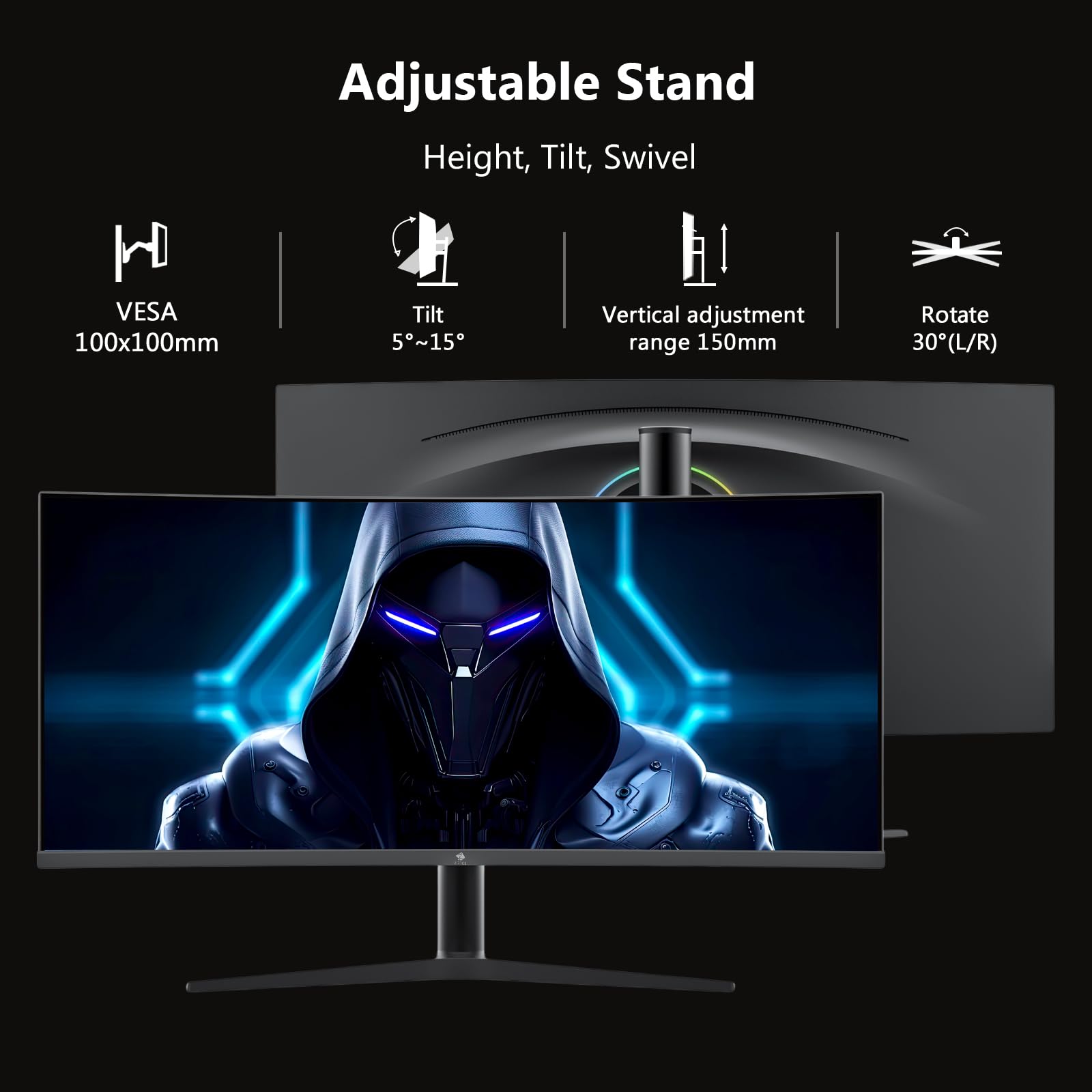 Z-Edge Monitor Curvo 34 Pollici PC Gaming, 2K, 3440x1440, 165Hz (DP), IPS, 1ms, Display Ultrawide 21:9, Regolabile in altezza/Verticale/Orizzontale/Rotazione, 100Hz (HDMI), FreeSync, VESA