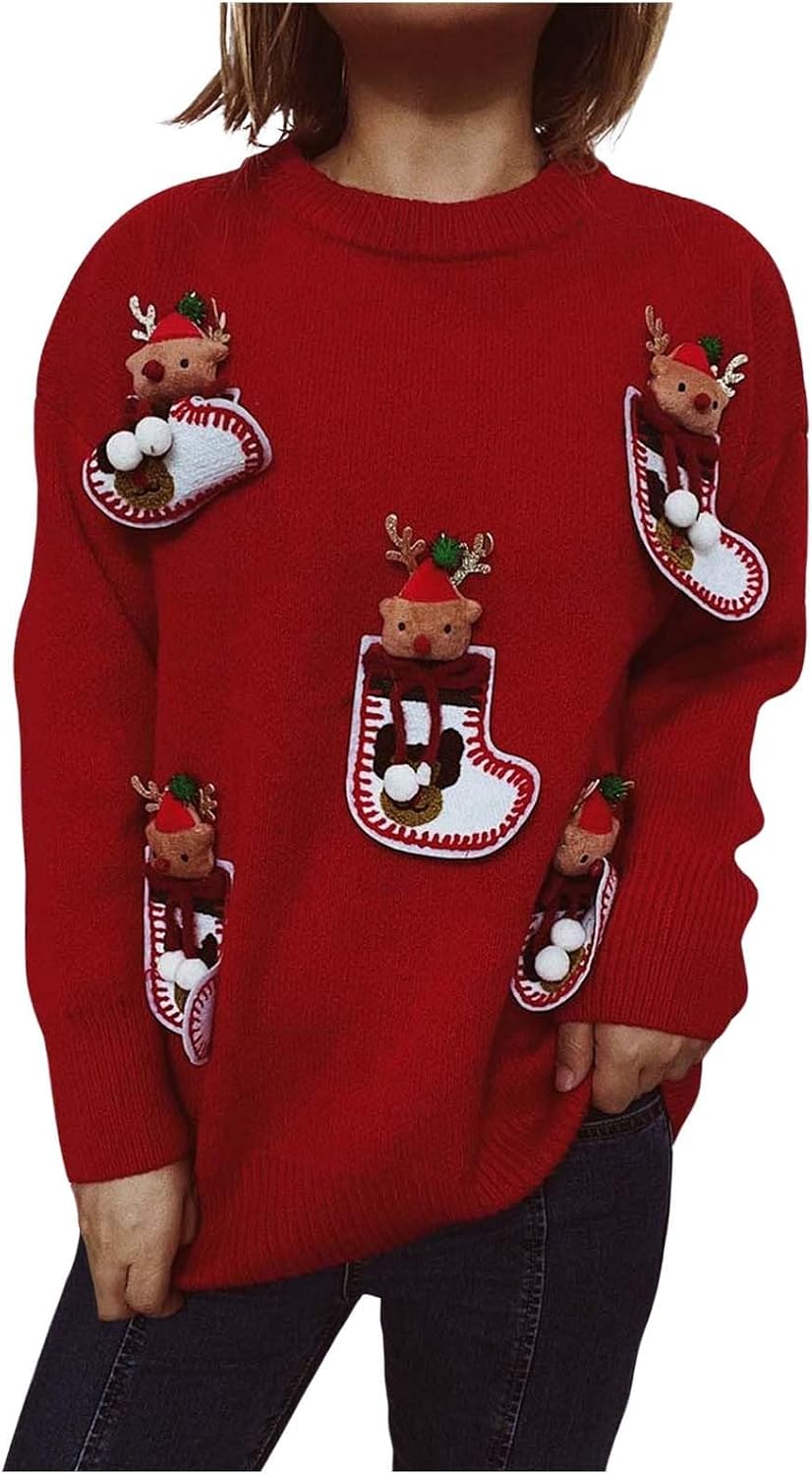 WYTong Christmas Sweaters for Women 2024 Funny Santa Printed Sweater Round Neck Long Sleeve Sweater Winter Warm Pullover