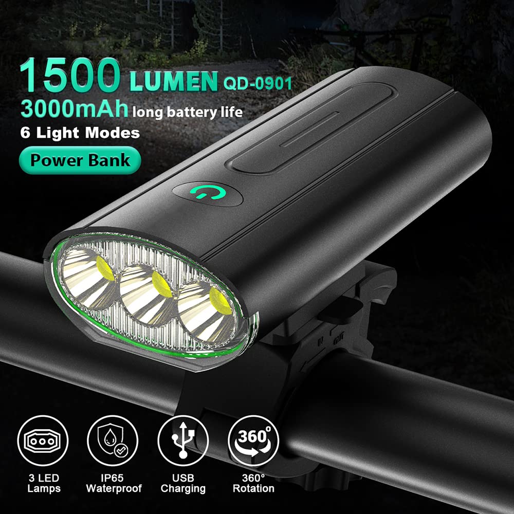 Luce per Bicicletta Ricaricabile Tramite USB, Torcia a LED Impermeabile, Faro Anteriore da 1500 Lumen, Utilizzabile Anche Come Power Bank, Luce Posteriore per Bicicletta.