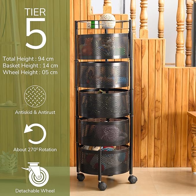 Image of KITCHIVO Kitchen Storage Rack | Revolving Vegetable Rack | Square Multipurpose Storage Trolley with Wheels | Metal Fruit Rack (Black Round, 5 Layer)