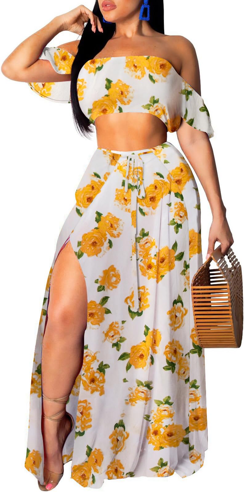 SxClub Women's Beach Dress 2 Piece Off Shoulder Top Long Maxi Skirt Sets