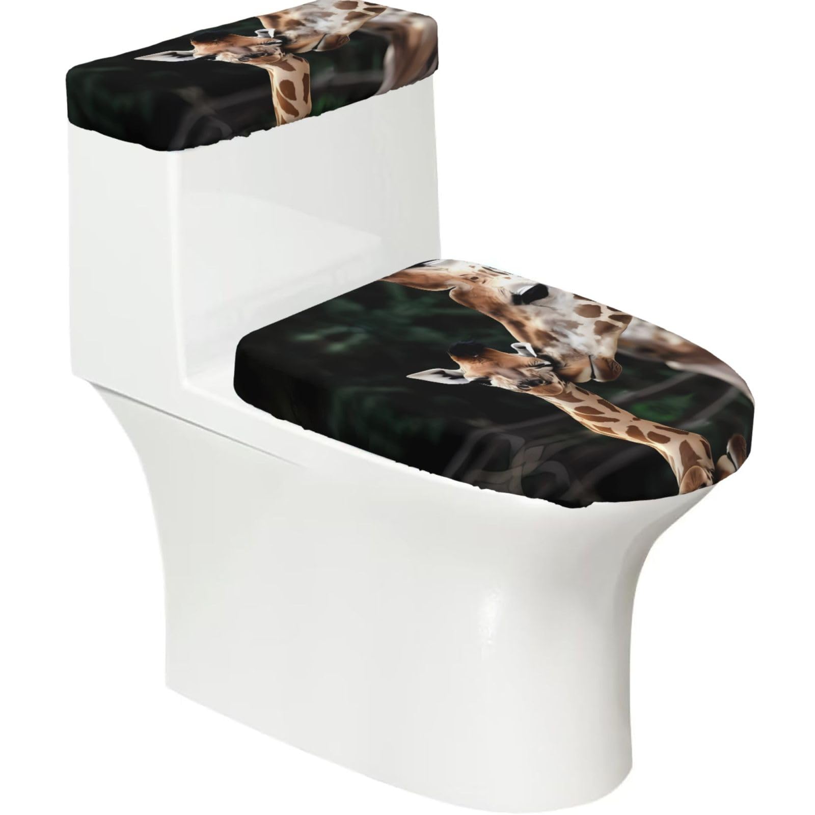 Two Giraffes 2-Piece Toilet Seat Cover Set with Tank Lid - Elastic for U-Shape & Elongated - Bathroom Decor