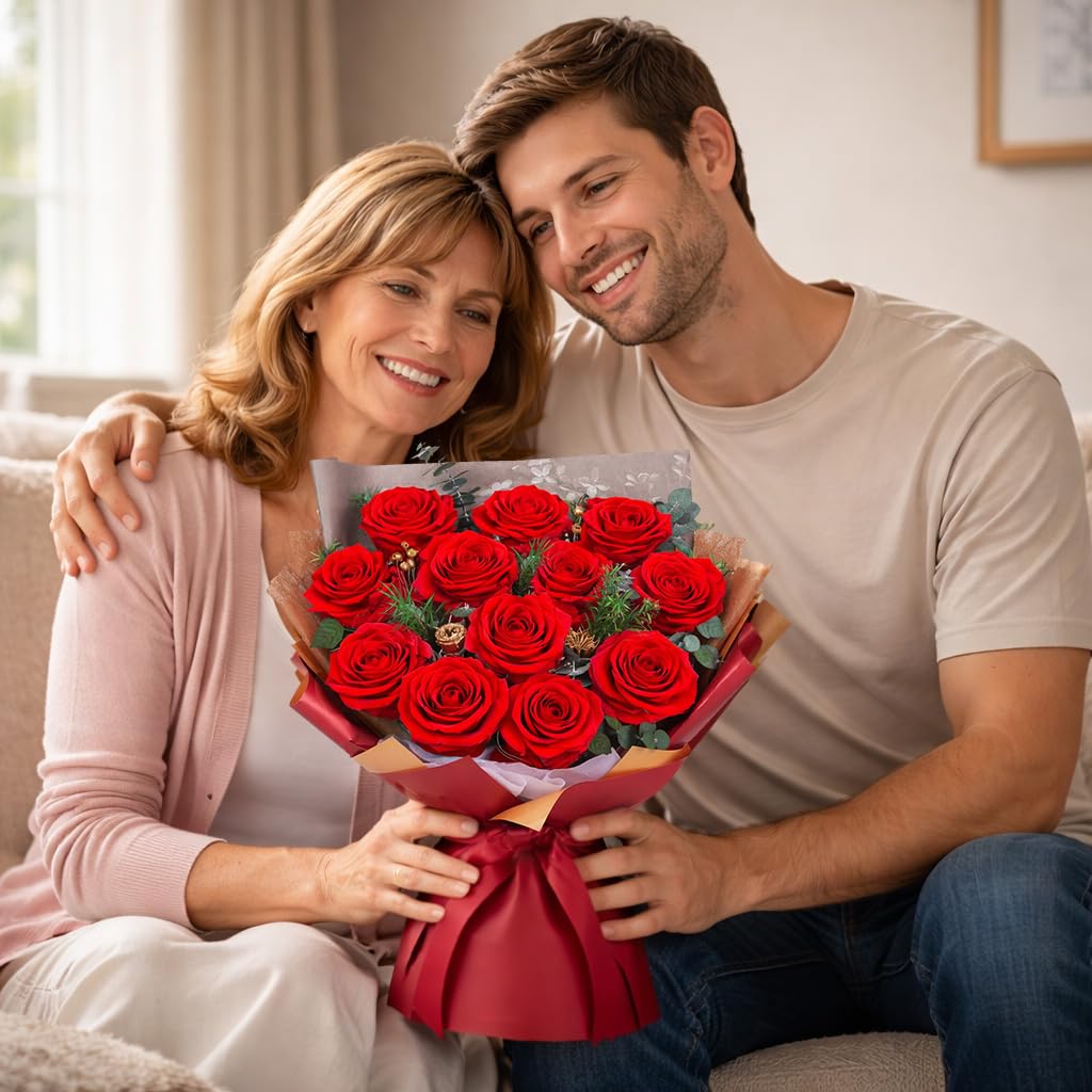 ADDWel Ramo de Flores con 12 Rosas Eternas Regalo para Día de la Madre y el Sant Jordi, Ramo de Rosa Eterna Natural Preservada, Regalos Originales para Mujer Novia Esposa o Mamá Cumpleaños Aniversario