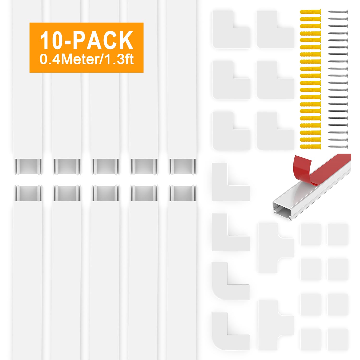 Canaleta para cables autoadhesiva, color blanco, autoadhesiva, 10 unidades x 0,4 m, cubierta de PVC para cables de pared, para todos los cables de alimentación en el hogar, oficina, 24 mm (ancho) x 14