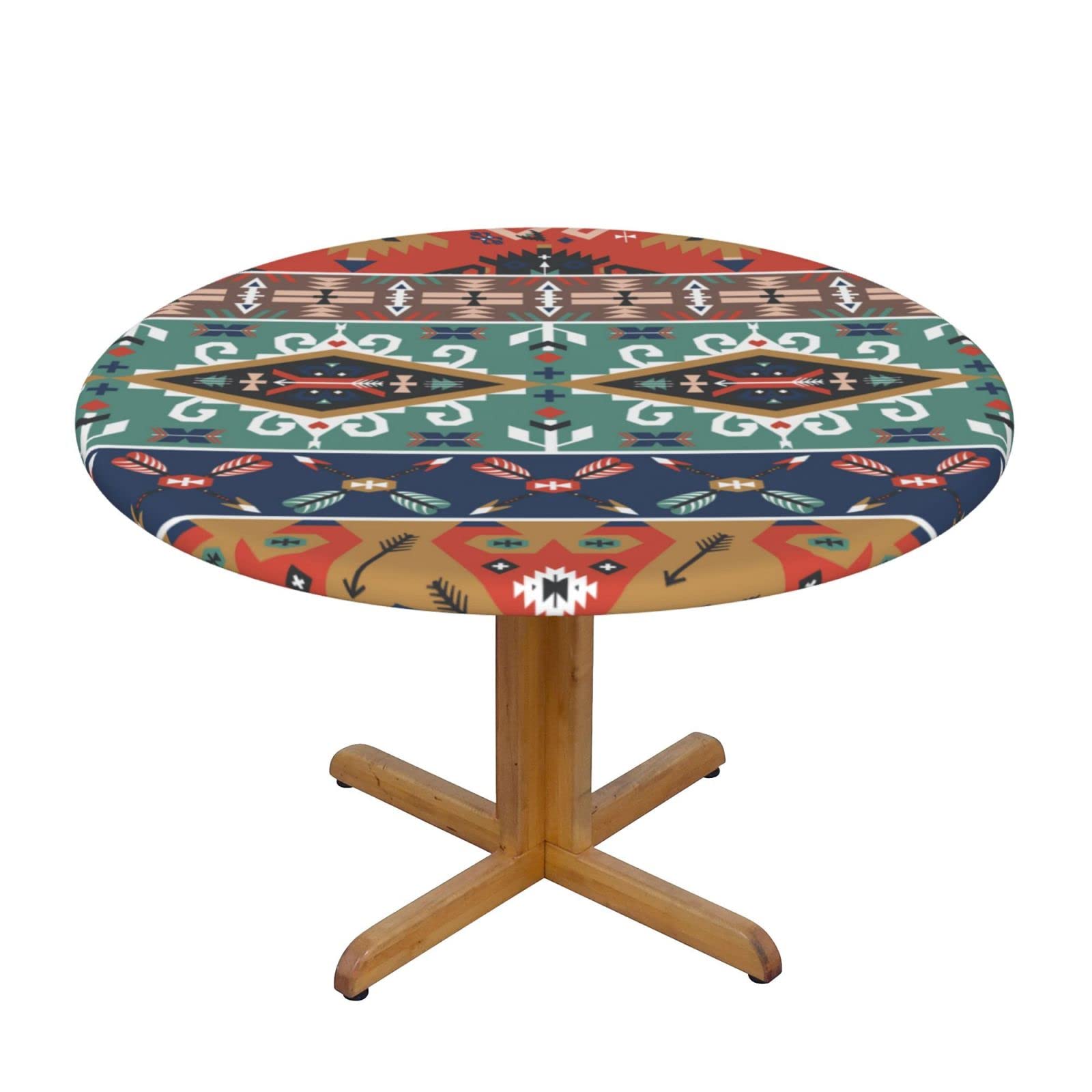 Lsjuee Round Fitted Tablecloth 45-50in Elastic Edged Table Cloth for Kitchen Dining Party Home Decor - Geometric Tribal Ancient Exotic Abstract