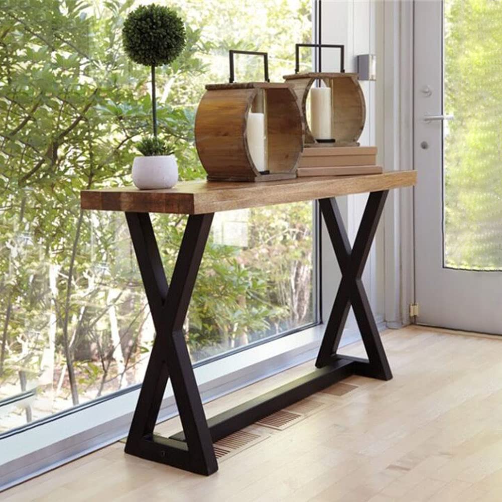 Console étroite noire avec dessus en bois et design en X – Bureau élégant pour couloir, salon, chambre à coucher, table d'appoint polyvalente (120 x 35 x 78 cm)