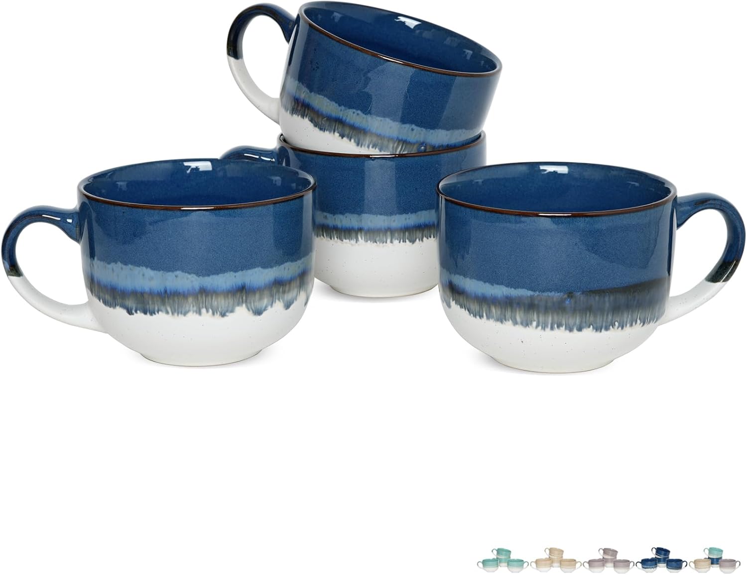 Bosmarlin Ceramic Coffee Mug Set of 4, 16 Oz, Jumbo Latte Mugs, Dishwasher and Microwave, Unique Reactive Glaze (Deep Blue, 16 Oz)