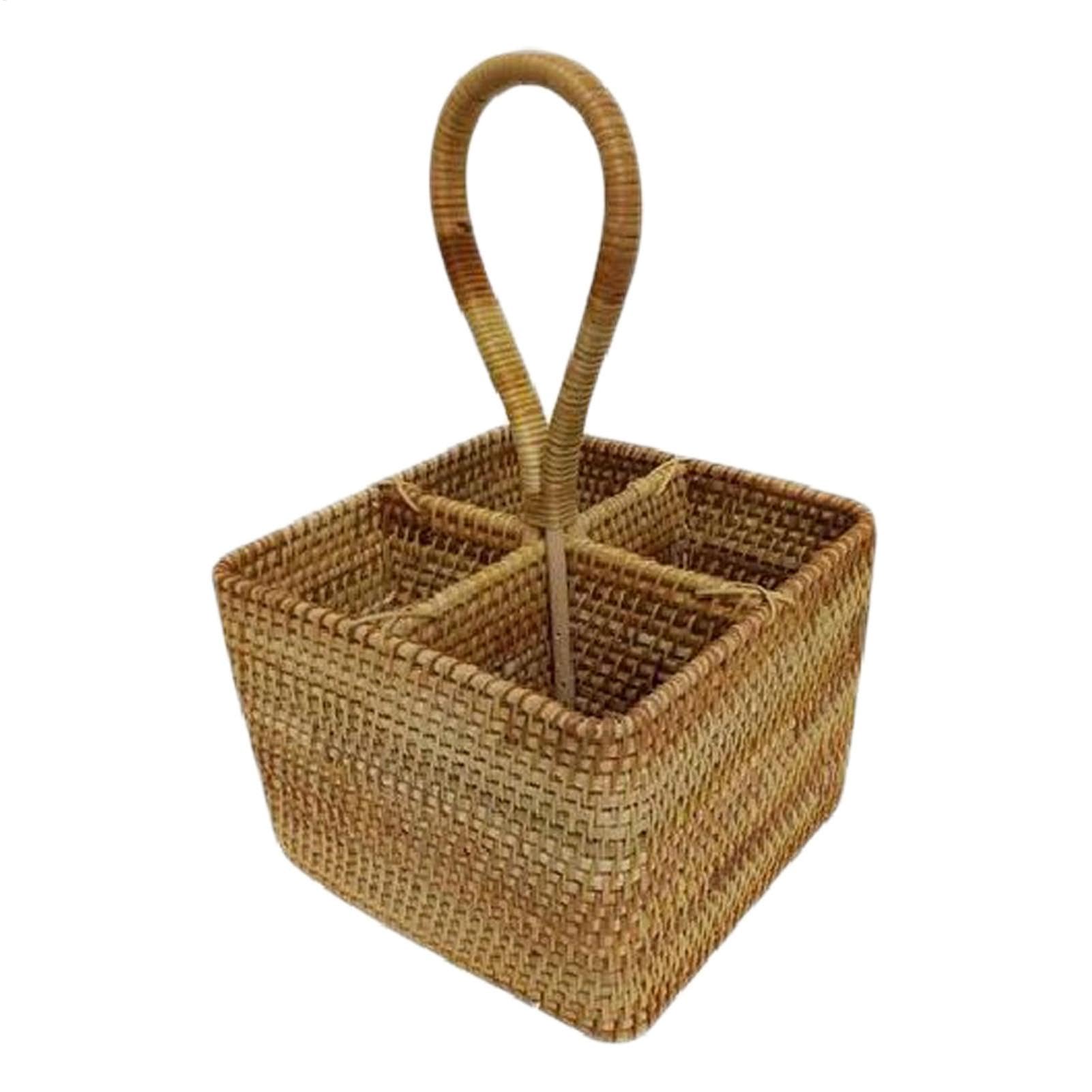 Cestino in vimini – Cesto portaoggetti in vimini naturale, intrecciato a mano, cestino da picnic 17,8 x 17,8 cm, manico lungo, 4 scomparti, cestino in rattan per picnic, bottiglie, posate, utensili da