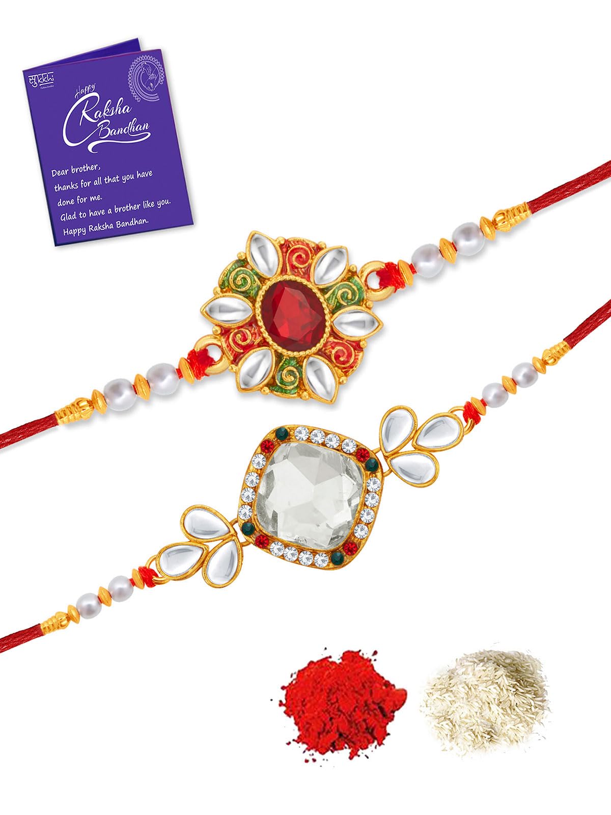 Sukkhi Rakhi Graceful Kundan Rakhi Combo & Designer Gold Plated Premium Rakhi for Brother, Roli Chawal & Greeting Card|Rakhi for MEN|Kundan Rakhi|Rakhi Combo-Set of 2 |CBRAK105010 (B0C7W2MD3G) Amazon Price History, Amazon Price Tracker