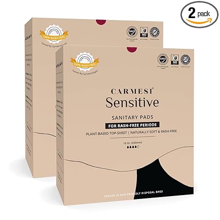 Carmesi Sensitive Sanitary Pads - Pack of 20 Pads (XL) - Certified 100% Rash-Free by Gynecologist - Natural Plant Top Sheet - No Fragrance, No Chlorine - With Disposal Bags